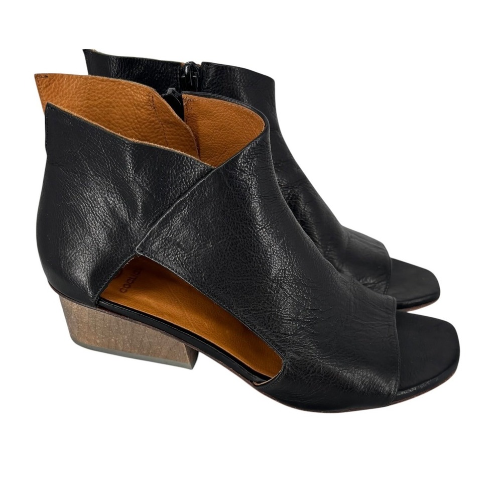 Coclico Leather Open Toe Booties Women Black Size 37 Wood Block Heel Spain